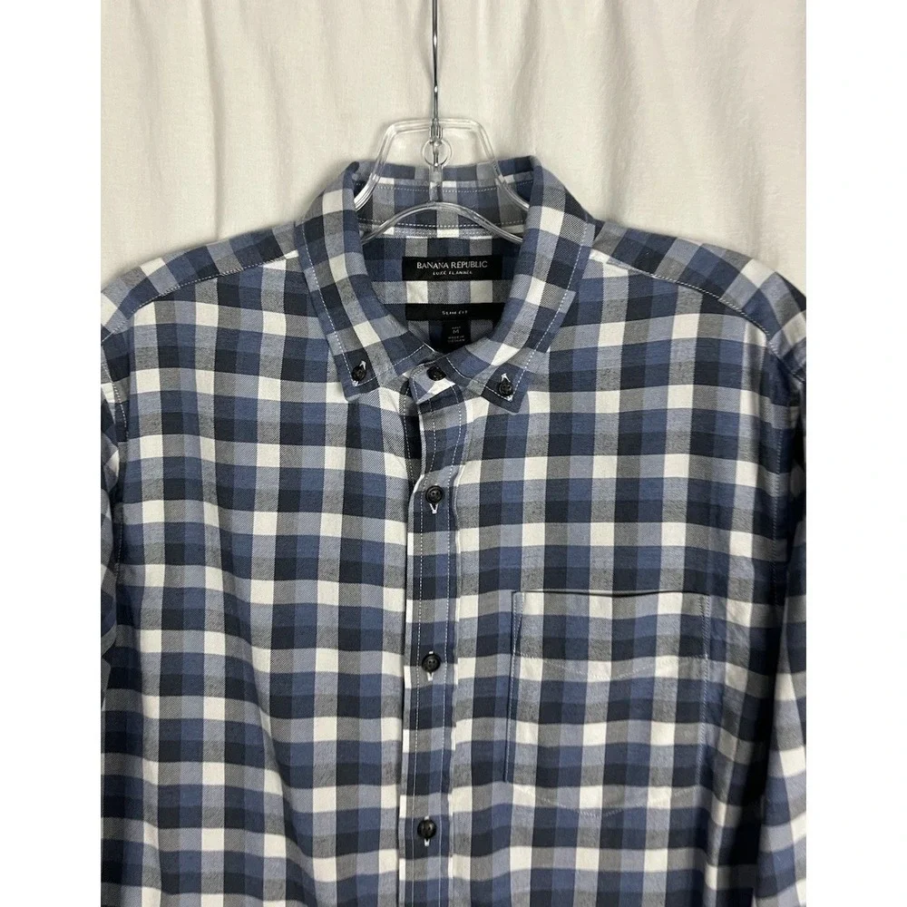 Banana Republic Luxe Flannel Slim‎ Fit Shirt Button Up Tall Mens M Blue Cotton